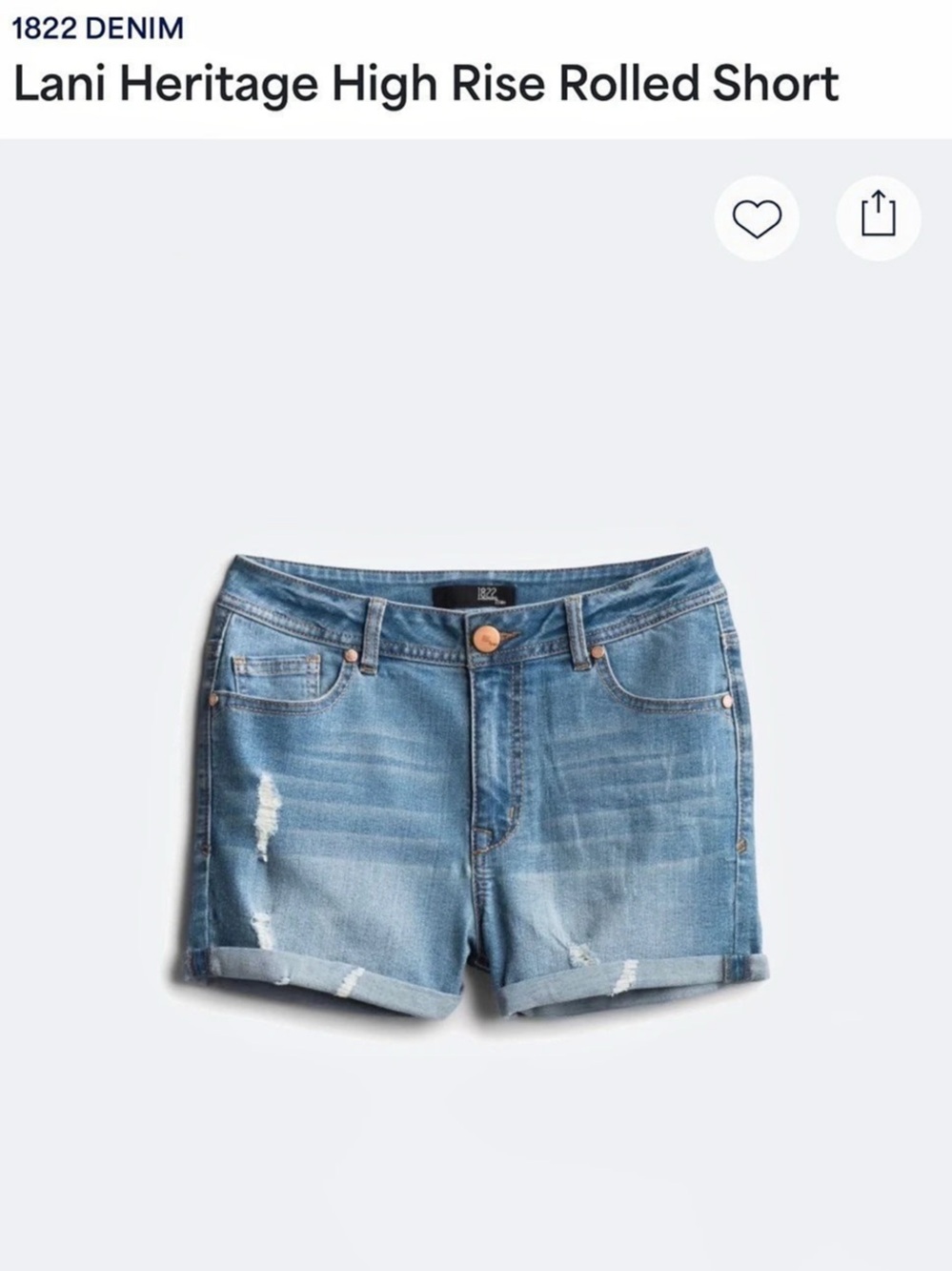1822 Denim Lani Heritage High Rise Rolled Short Jean Shorts Waist 30 (Sz 10)
